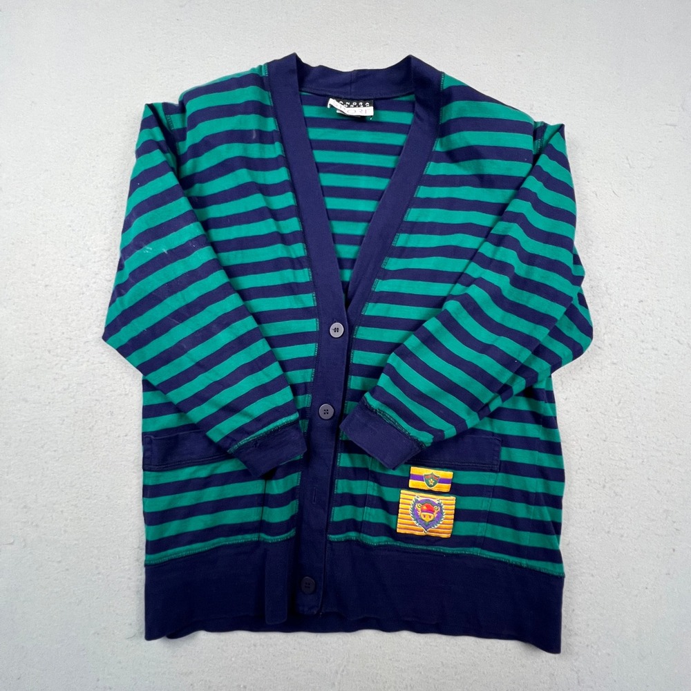 Sandra Ingrish Sport Cardigan Womens L Blue Green Striped Preppy Crest V-Neck